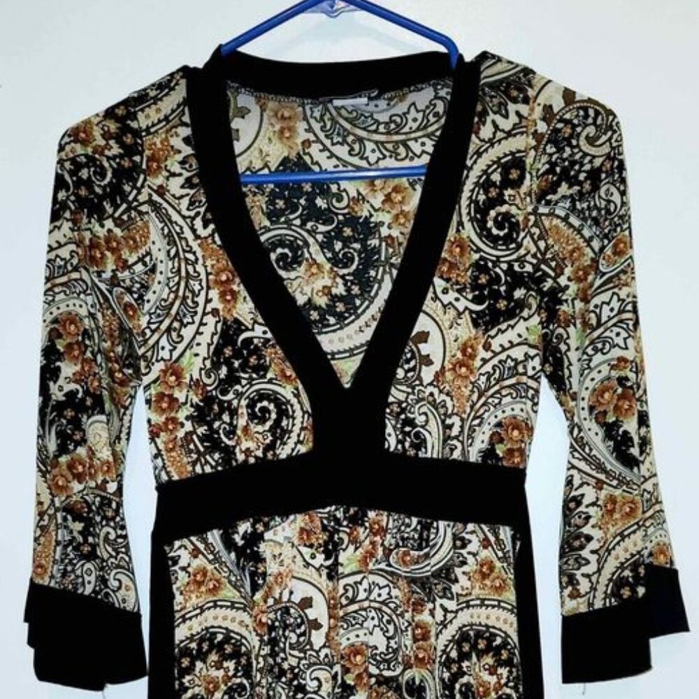 Black & Brown Printed Dress with Waist Tie, Women's Size Small